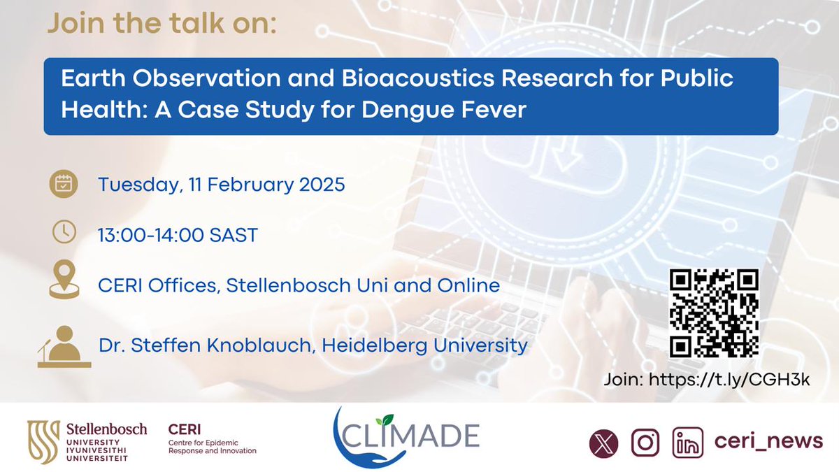Tuliodna's tweet image. Join us tomorrow, online or in person! Our #CLIMADE consortium is excited to host Dr. Steffen Knoblauch from Heidelberg University in Germany for a a seminar talk on the innovative use of very large data, AI, and bioacoustics in Dengue outbreaks. t.ly/CGH3k