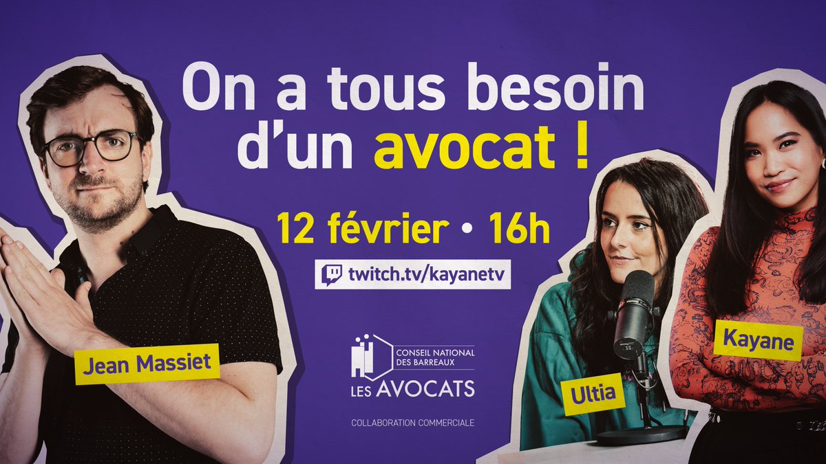 Kayane (@kayane) on Twitter photo Ce mercredi à 16h, vous pourrez me retrouver en live avec <a href="/JeanMassiet/">Jean Massiet</a>, <a href="/ultiaa/">Ultia</a> et deux avocats du <a href="/CNBarreaux/">Conseil national des barreaux - les avocats</a> pour une table ronde où l'on parlera des idées reçues sur le monde du Barreau et des avocats !
twitch.tv/kayanetv
C'est un sujet assez méconnu et qui peut Ce mercredi à 16h, vous pourrez me retrouver en live avec <a href="/JeanMassiet/">Jean Massiet</a>, <a href="/ultiaa/">Ultia</a> et deux avocats du <a href="/CNBarreaux/">Conseil national des barreaux - les avocats</a> pour une table ronde où l'on parlera des idées reçues sur le monde du Barreau et des avocats !
twitch.tv/kayanetv
C'est un sujet assez méconnu et qui peut