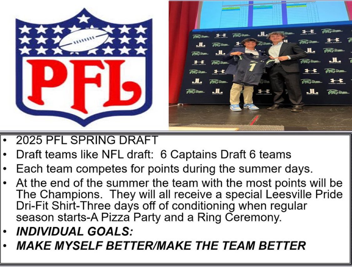 Leesville Pride Football (@pride_leesville) on Twitter photo THE 2025 PFL DRAFT
The PFL Draft Date: FEBRUARY 10
Time: 6:45pm
Location: Leesville Auditorium
Open to the public! Please come and support your 2025 Leesville Football Team.
<a href="/pride_leesville/">Leesville Pride Football</a>
<a href="/LeesvilleFB/">Pride Football</a>
<a href="/leesvilleroadhs/">Leesville Road High</a>
<a href="/leesvillealum/">Leesville Alumni</a>
<a href="/JoelBryantHSOT/">Joel Bryant - HighSchoolOT 🏈</a> THE 2025 PFL DRAFT
The PFL Draft Date: FEBRUARY 10
Time: 6:45pm
Location: Leesville Auditorium
Open to the public! Please come and support your 2025 Leesville Football Team.
<a href="/pride_leesville/">Leesville Pride Football</a>
<a href="/LeesvilleFB/">Pride Football</a>
<a href="/leesvilleroadhs/">Leesville Road High</a>
<a href="/leesvillealum/">Leesville Alumni</a>
<a href="/JoelBryantHSOT/">Joel Bryant - HighSchoolOT 🏈</a>