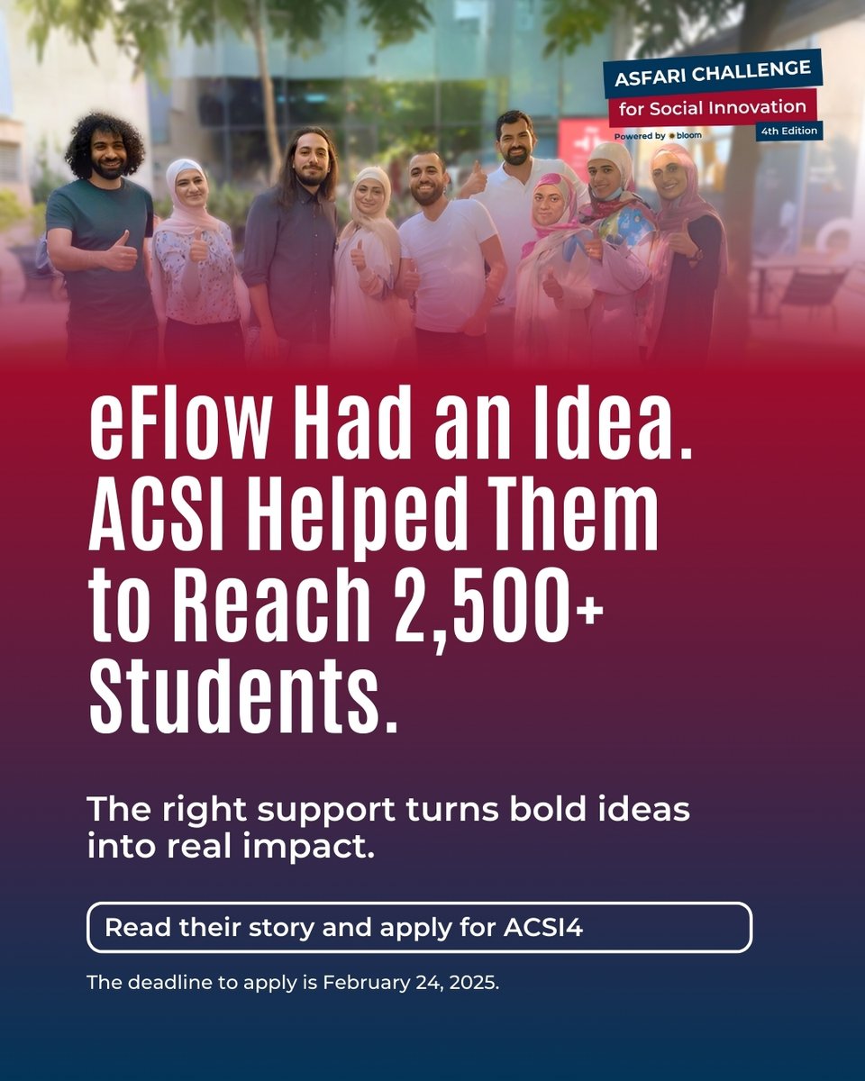 Big ideas start somewhere. With ACSI’s support, eFlow built interactive courses that reached 2.5K+ students in Lebanon, Jordan &amp; Iraq.

What could ACSI4 do for your idea?
Learn more: bloom.pm/eflow/

#ACSI4 #SocialImpact #EdTech #BloomTogether