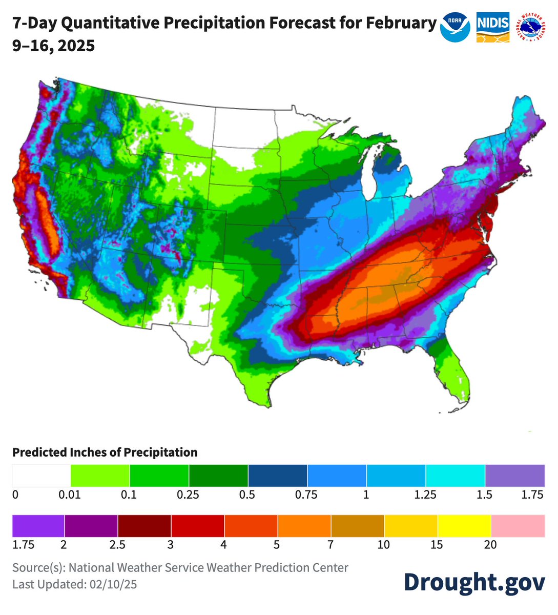 NIDIS Drought.gov (@noaadrought) on Twitter photo This week's precip forecast by <a href="/NOAA/">NOAA</a>’s <a href="/NWSWPC/">NWS Weather Prediction Center</a>.
Wet week ahead including regions in #drought.
Most precip will fall in the Far West, Southwest, Rockies, and eastern US, especially TN and surrounding states, where parts could see around 10” (!) of precip this week.
<a href="/NWS/">National Weather Service</a> This week's precip forecast by <a href="/NOAA/">NOAA</a>’s <a href="/NWSWPC/">NWS Weather Prediction Center</a>.
Wet week ahead including regions in #drought.
Most precip will fall in the Far West, Southwest, Rockies, and eastern US, especially TN and surrounding states, where parts could see around 10” (!) of precip this week.
<a href="/NWS/">National Weather Service</a>