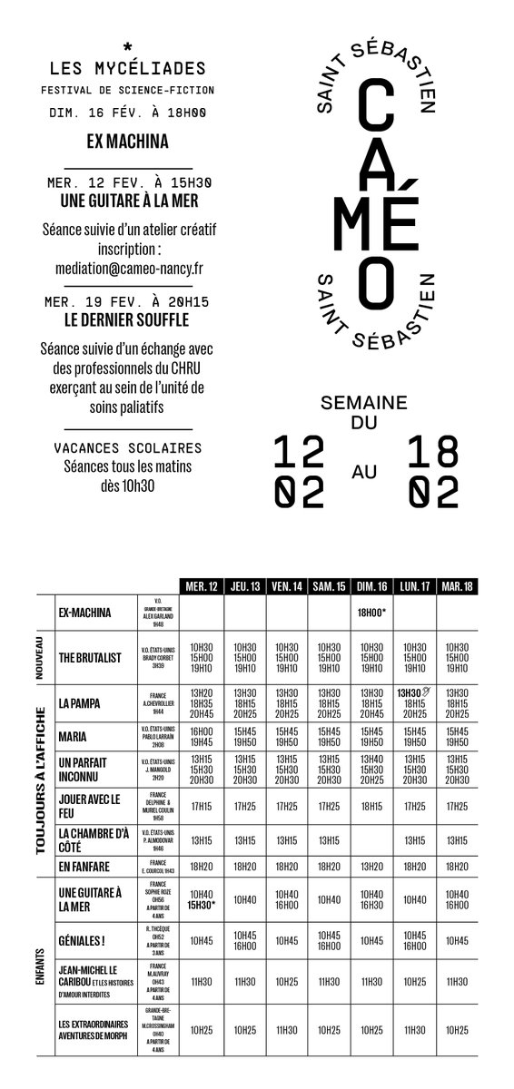 Horaires des séances pour la semaine du 12 au 18 février
#nancy