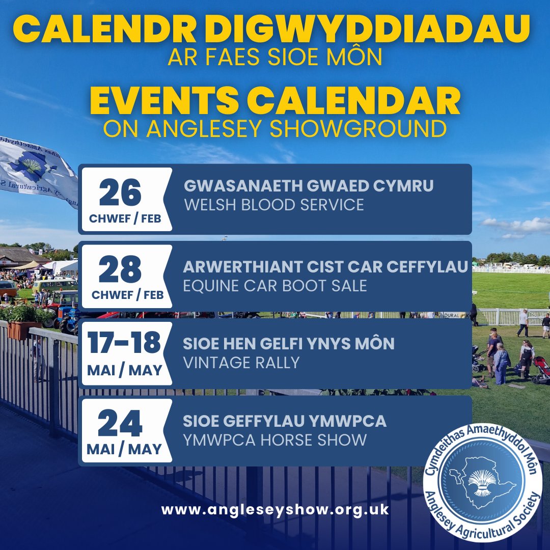 📢Events at Anglesey Showground!📢

Looking for something to do or interested in hosting your own event? Check out our events calendar, this will be updated frequently. 🗓️

📲 Follow the link to see all upcoming dates: angleseyshow.org.uk/events-calendar