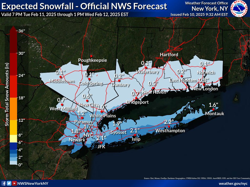 The first in a series of storms arrives tomorrow evening, with a light snowfall expected across the southern half of the region.

🕗Tuesday Evening - Wednesday AM
📏1-2" snowfall for NYC, Long Island, and NE NJ
🚘Slick travel conditions possible

Forecast: weather.gov/nyc