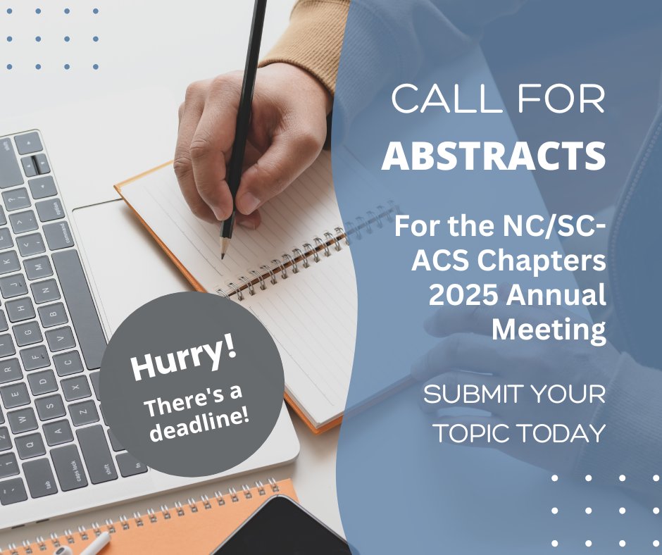 We are accepting abstracts for consideration for the resident paper competitions being held during the 2025 NC/SC-ACS Annual Meeting on July 11-13, 2025 in Asheville, NC. Learn more at ncfacs.org/call-for-abstr….