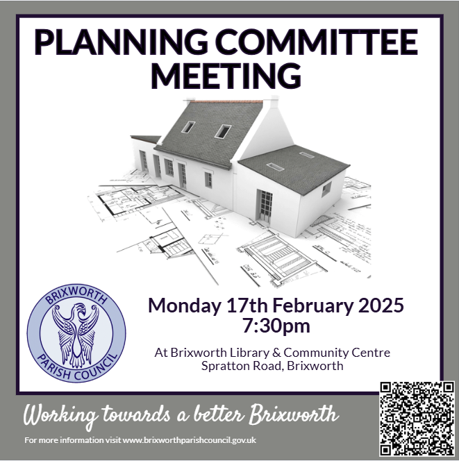 The next Planning Committee Meeting will be held on Monday 17th February, starting at 7:30pm. The meeting will be held at the Community Centre.

The agenda can be found here: 
brixworthparishcouncil.gov.uk/planning-meeti…