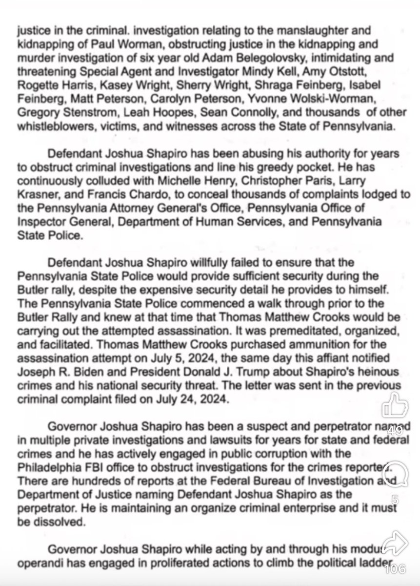 YaakovRenewed's tweet image. 🚨 Just In: Here is the alleged affidavit by federal whistleblower Hadassah Feinberg and his claims against PA Governor Josh Shapiro! Part 1