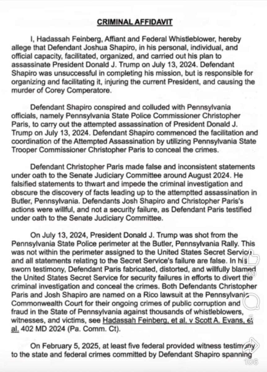 YaakovRenewed's tweet image. 🚨 Just In: Here is the alleged affidavit by federal whistleblower Hadassah Feinberg and his claims against PA Governor Josh Shapiro! Part 1