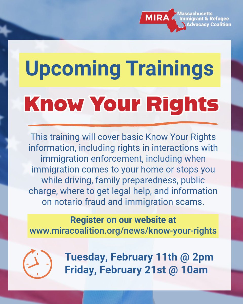 MIRACoalition's tweet photo. Join us for our upcoming 'Know Your Rights' training this month.
Register on our website below
➡️https://t.co/UKF5kmw6IG
#knowyourrights #miracoalition #immigrantsmatter #immigrantrights #massachusetts https://t.co/y8cBywmUtU