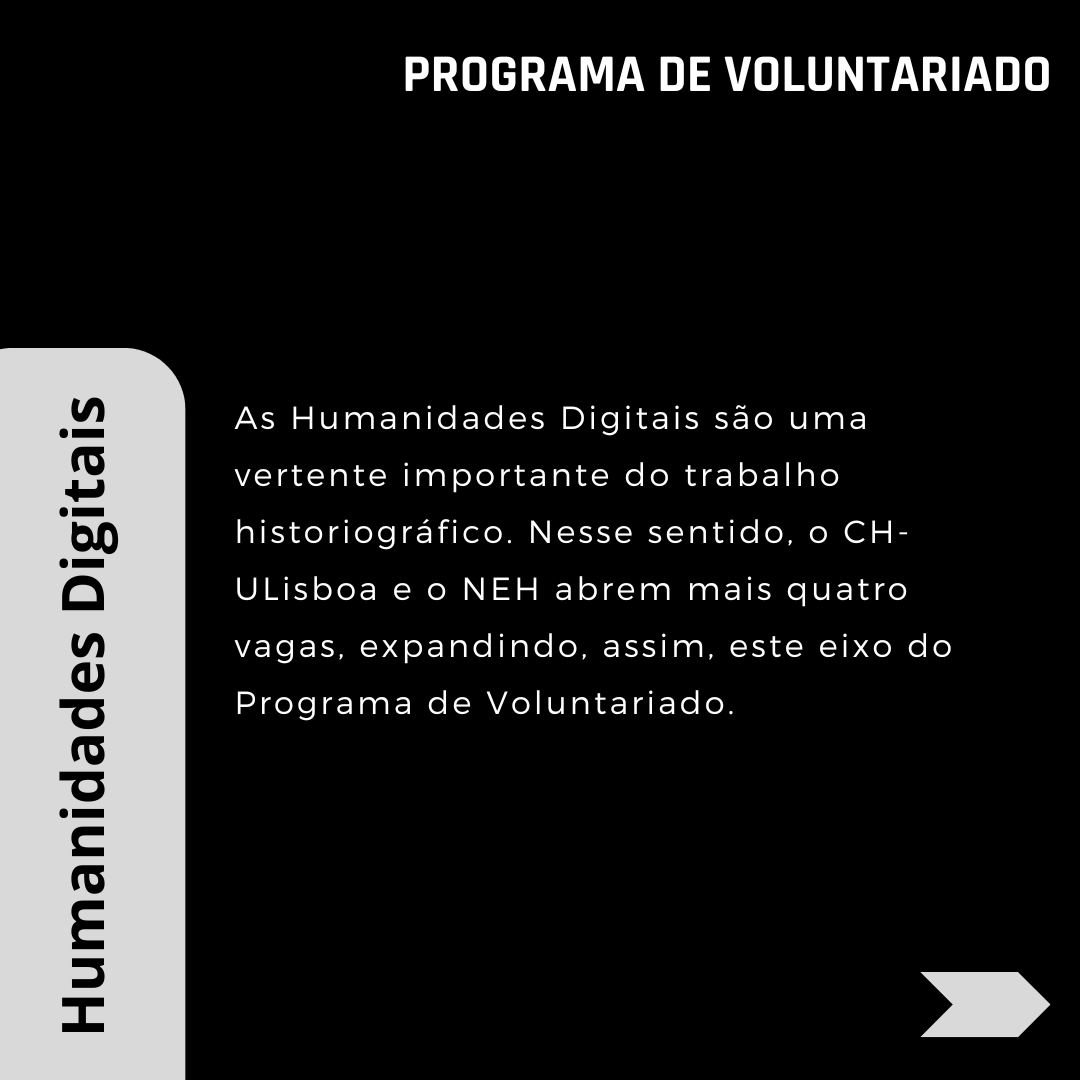 Programa de Voluntariado

O CH-ULisboa e o Núcleo de Estudantes de História (NEH) partilham a abertura de um novo ciclo de vagas para o Programa de Voluntariado.

As inscrições podem ser efectuadas no espaço reservado ao Programa de Voluntariado na página web do CH-ULisboa