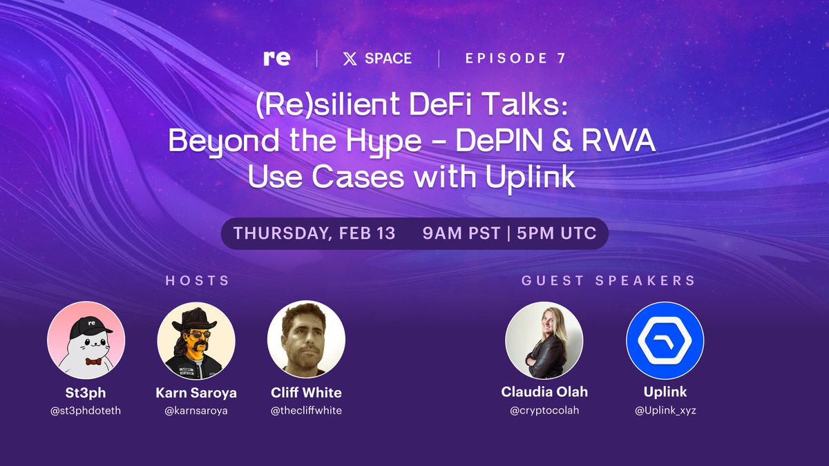 Beyond the hype – How are DePIN &amp; RWAs powering real-world use cases?

Join our next (Re)silient DeFi Talks with <a href="/cryptocolah/">Claudia 💫🛜</a> &amp; <a href="/uplink_xyz/">Uplink</a> as we discuss their advancements in connectivity infrastructure 🌐

📅: Thurs Feb 13 at 9AM PST | 5PM UTC
🔗: x.com/i/spaces/1lPJq…