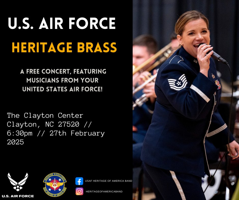 The Clayton Center proudly presents a free performance by the U.S. Air Force Heritage Brass Ensemble, Thursday, February 27, at 6:30pm. The program features works by American composers, highlighting a diverse range of genres and styles. More details at ow.ly/JWhM50UWrVT