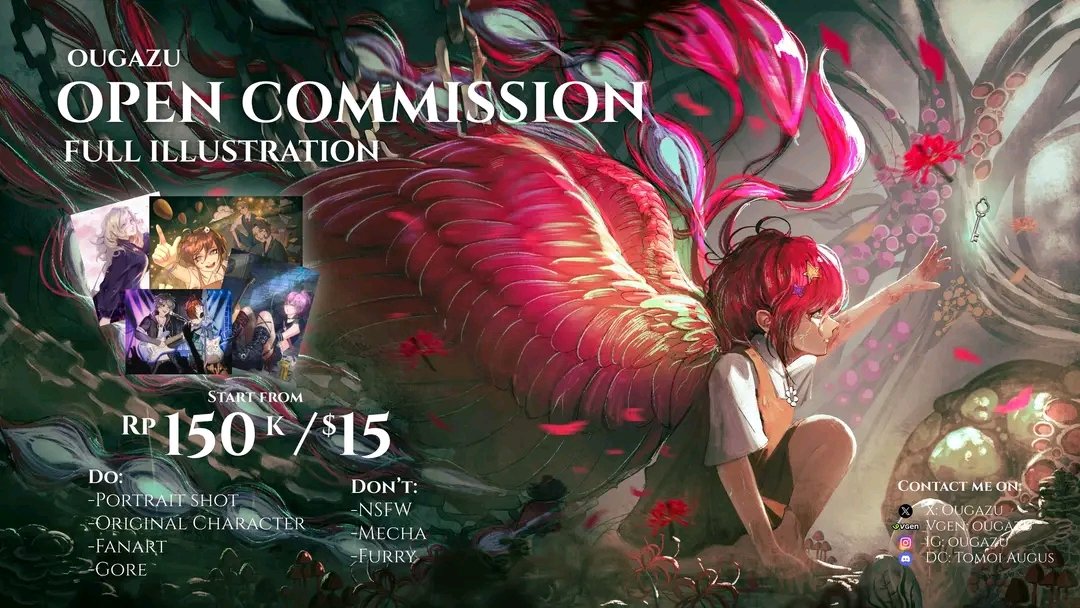 OPEN COMMISSION!

Pricelist (per character):
•Bust up: 150k / $15
•Half body: 200k / $25
•Full body: 300k / $40
•Full Illustration: Start from 600k / $80
| Commercial license x2 price

FLEXIBLE SERVICE &amp; PRICING. DM me for more info

Portfolio at IG instagram.com/ougazu?igsh=MT…