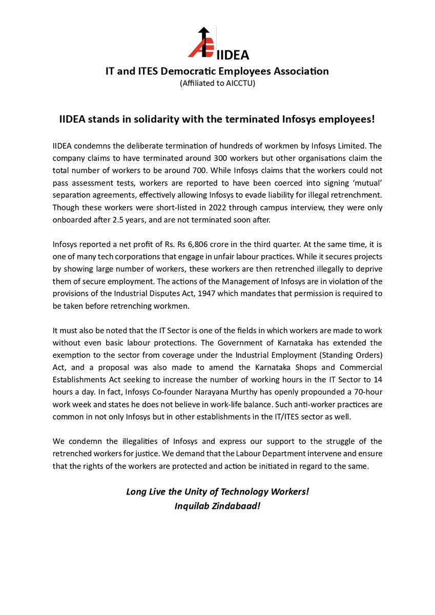 IIDEA stands in solidarity with the terminated Infosys employees! Infosys reported a net profit of Rs. Rs 6,806 crore in the third quarter. At the same time, it is one of many tech corporations that engage in unfair labour practices. Long Live the Unity of Technology Workers!
