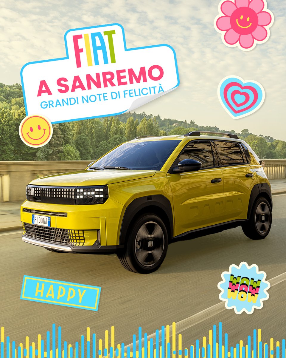 Dal 10 al 15 febbraio, FIAT a Sanremo regala GRANDI NOTE DI FELICITÀ! 😊🎶 Karaoke, attività esclusive e le star più amate: Panda, 600 Hybrid e Topolino. Ti aspettiamo in Piazza Muccioli, dietro il Casinò! 🎤