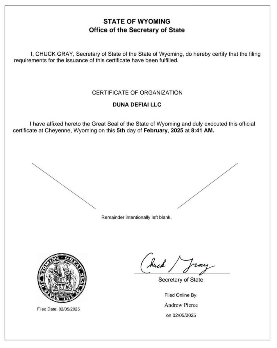 Duna is now the first ever DeFi AI to get a legal representation. Registered in Wyoming, DUNA DefAI now has an official representation under the DUNA Act. Verifiable link:
wyobiz.wyo.gov/Business/Filin…

Filing ID: 2025-001606945

$DUNA #DUNA #DUNADefAI