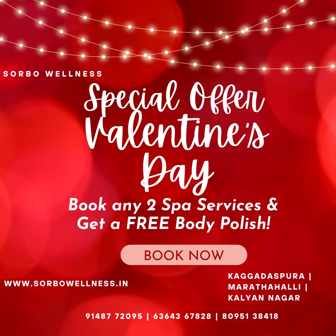 sorbowellness's tweet photo. 🌹 Valentine’s Special: Book ANY 2 Spa Services &amp; Get a FREE Body Polish! ✨

 Locations: Kaggadaspura | Marathahalli | Kalyan Nagar
📞 Call: 91487 72095 | 63643 67828 | 80951 38418
🌐 https://t.co/wbhjNxZA2Z

#ValentineSpaOffer #SorboWellness #LuxurySpa #PamperYourself https://t.co/OYtfMKibiy