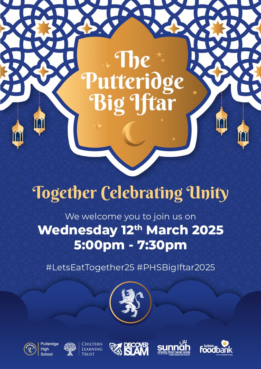 PutteridgeHighSchool (@putteridgehsch) on Twitter photo 🌙 Putteridge Big Iftar is Back! 🌙
We’re excited to host our annual Putteridge Big Iftar for a second year! Save the date for this special gathering, more details to be shared soon. We look forward to welcoming you all!✨
<a href="/ChilternLT/">Chiltern Learning Trust</a> <a href="/LutonFoodbank/">Luton Foodbank</a>
#letseattogether25 🌙 Putteridge Big Iftar is Back! 🌙
We’re excited to host our annual Putteridge Big Iftar for a second year! Save the date for this special gathering, more details to be shared soon. We look forward to welcoming you all!✨
<a href="/ChilternLT/">Chiltern Learning Trust</a> <a href="/LutonFoodbank/">Luton Foodbank</a>
#letseattogether25