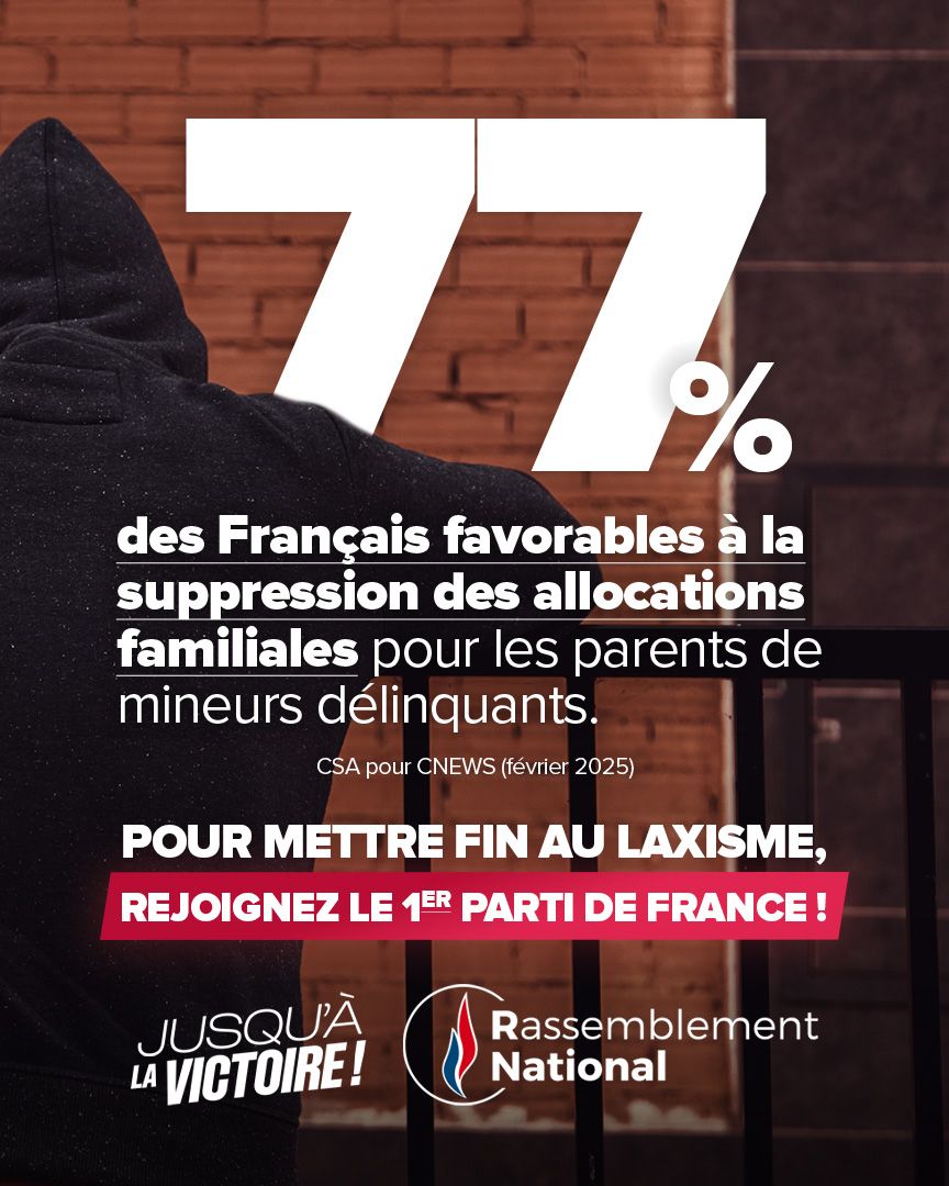 RNational_off's tweet photo. 🔴 Supprimons les allocations familiales aux parents de mineurs délinquants !

La solidarité nationale se mérite et ne peut être accordée à des parents qui ne respectent pas leur devoir. Nous ne pouvons plus tolérer que nos impôts financent ceux qui perturbent notre société et notre cohésion sociale !

▶️ Dites STOP : https://t.co/1frcZRI6l8