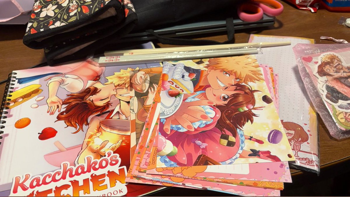 Omg! Got my <a href="/KacchakoKitchen/">Kacchako’s Kitchen 🍥🍡 COMPLETED</a> zine merch from the post office this morning! I can’t believe how many great things are in this zine, so many recipes and stickers along with an apron, oven mitts, and chopsticks! I love my boyfriend so much for getting this for me.