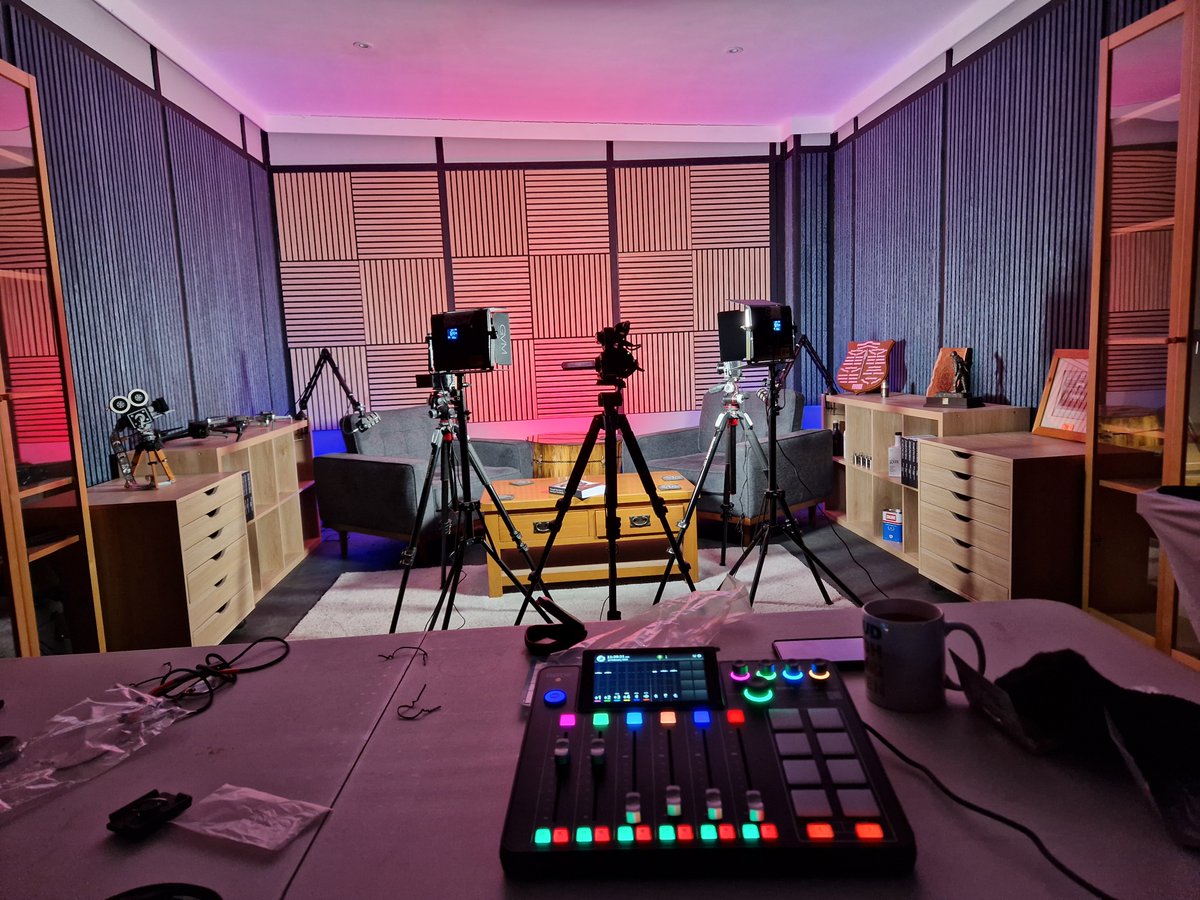 Setting up for a practice Podcast with lighting, cameras and audio. A few more bits to do but it is all coming together.