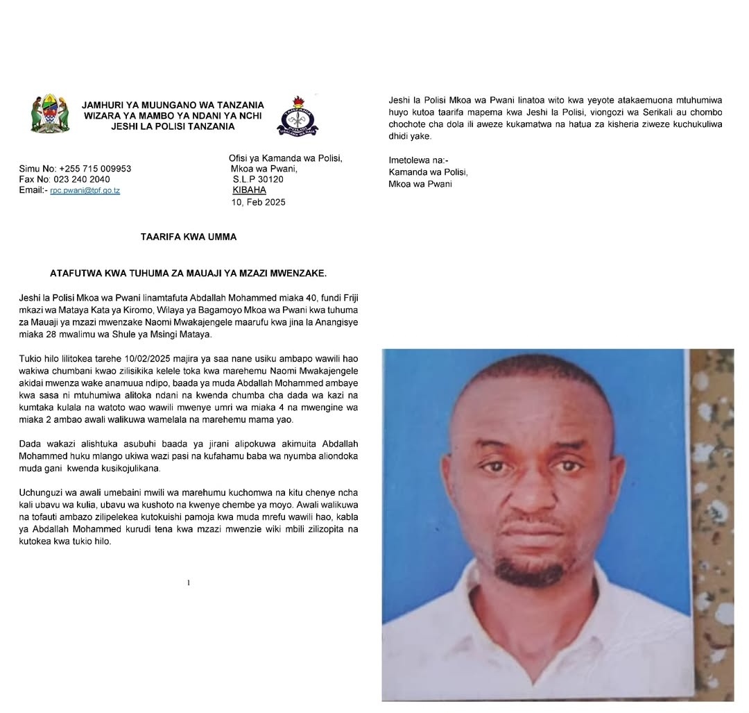 Anatafutwa kwa tuhuma za kumuua Mzazi mwenzake mkoani Pwani