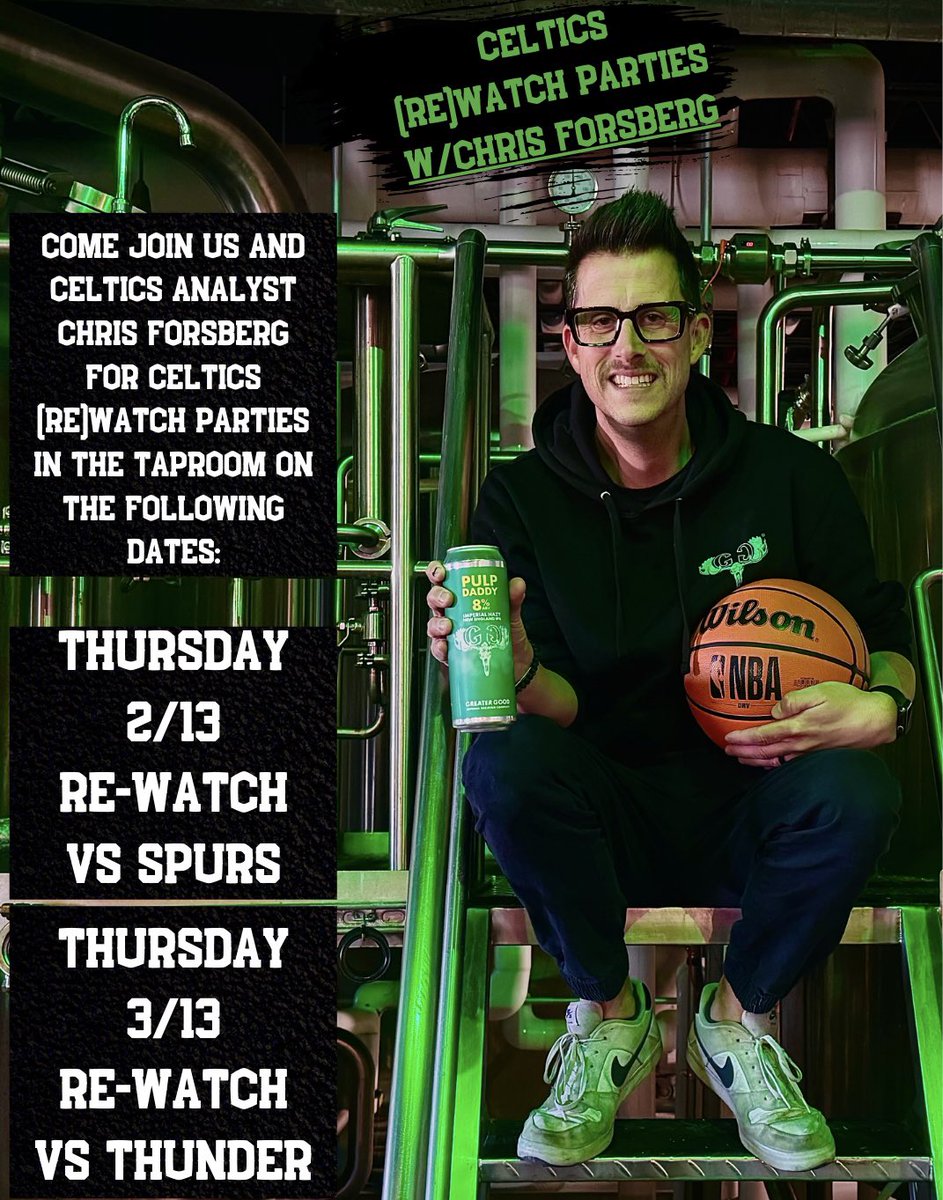 Come down to Greater Good Brewing in Worcester this Thursday for our first Celtics (Re)Watch Party! 🏀

We will be hanging with guest bartender <a href="/ChrisForsberg_/">Chris Forsberg</a> , rewatching the Celtics vs. Spurs game, and chatting beer &amp; basketball. Wear your Celtics gear for deals on apps! 🍔🍻
