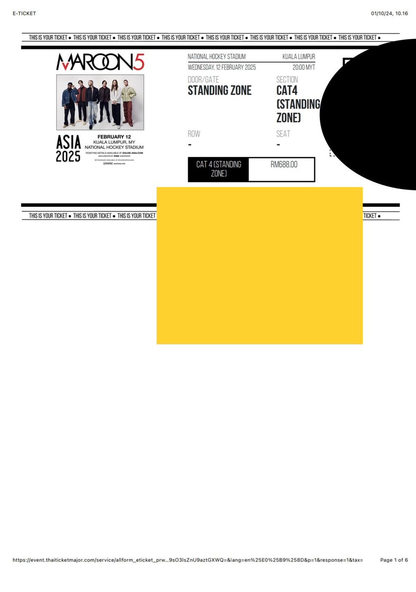 tonggo24's tweet photo. 📌📌WTS Ticket Concert of Maroon 5
Kuala Lumpur, Feb 12 
CAT 4 (Standing Zone)
Nego for price, just hit me thru DM. https://t.co/wYpSyTZJKF