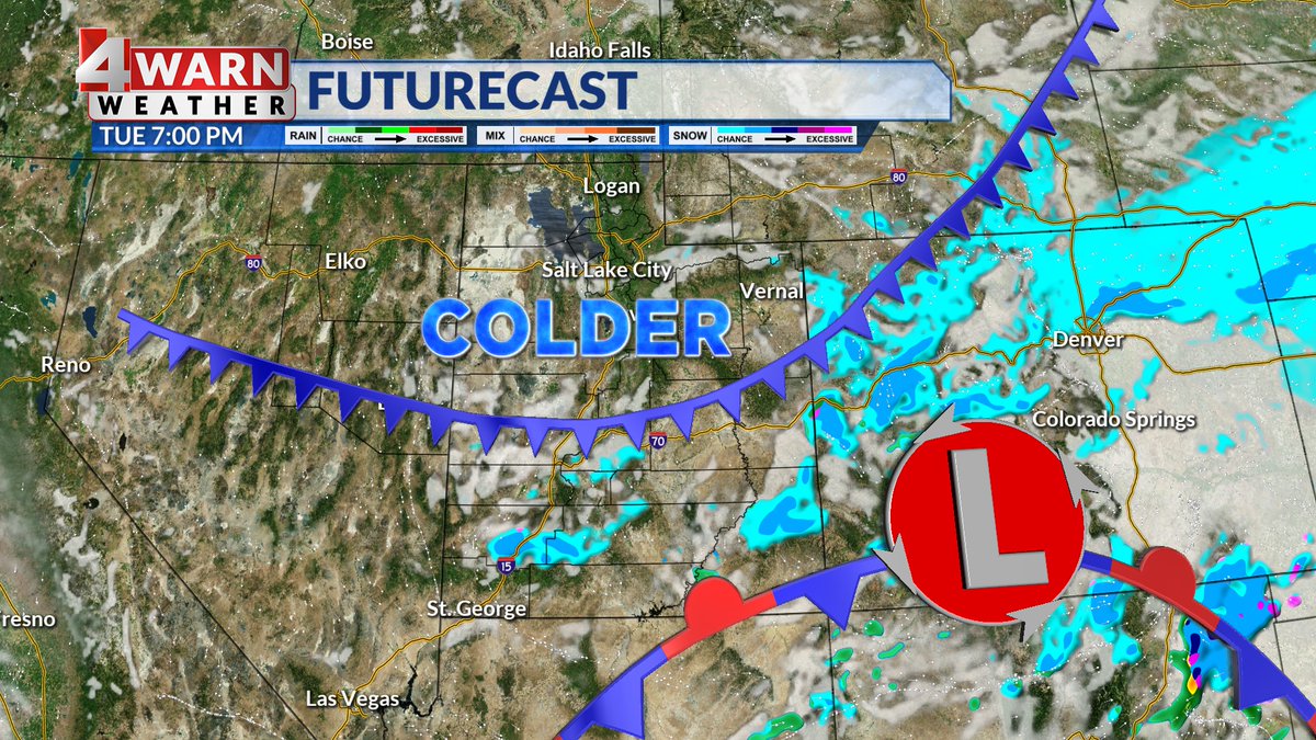 StormySandersWX's tweet photo. TUESDAY COLD FRONT: Another surge of cold air will move into the Beehive state on Tuesday. A weak front will arrive across the north Tuesday morning, then drop south through the day. Lows by Wednesday AM will be in the 0's &amp; low 10's with colder wind chills likely. https://t.co/msqXKWkbL5