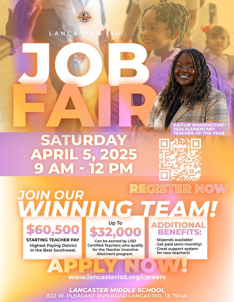 🚨 Lancaster ISD Job Fair – April 5th! 🚨
📢 Join us to explore career opportunities, meet campus leaders, and take the next step in education! 🌟
🔗 Register now
Tag a friend &amp; spread the word! #WeAreLancasterISD #JobFair2025 #NowHiring