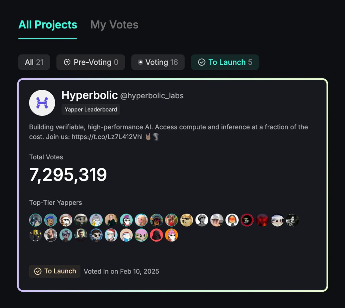.<a href="/hyperbolic_labs/">Hyperbolic</a> becomes the next Pre-TGE project selected from the Yapper Launchpad! 

Their Yapper Leaderboard coming in 7 days time.

The voting continues - stay yapping 🫡