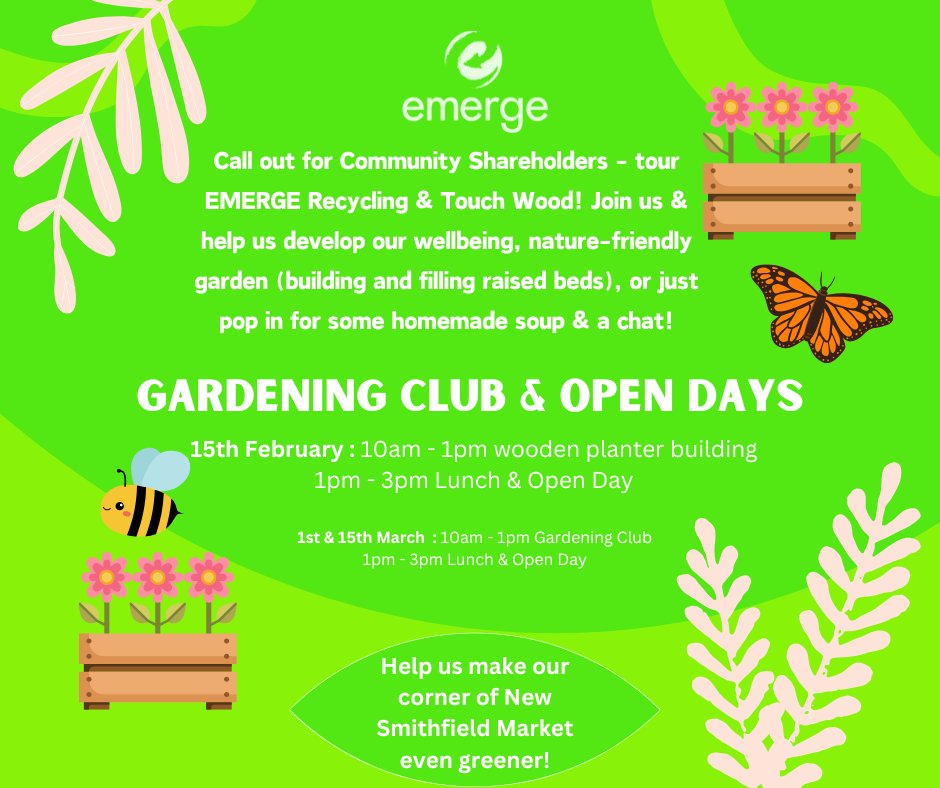 📣Call out for Community Shareholders - this Saturday, tour EMERGE Recycling &amp; <a href="/EMERGETouchWood/">Touch Wood</a> 
🌷 Come and help us develop our wellbeing, nature-friendly garden (building &amp; filling raised beds), or just pop in for some homemade soup &amp; a chat!
#Share2EMERGE #EMERGERecycling