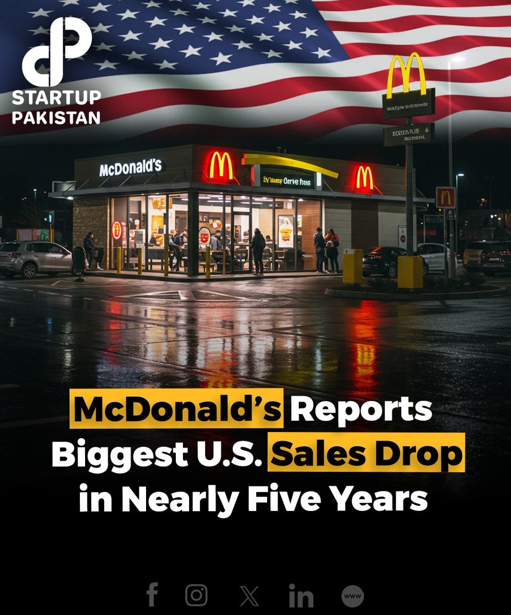 PakStartup's tweet photo. McDonald’s experiences biggest U.S. sales decline in nearly five years due to E. coli outbreak and cautious consumer spending. U.S. comparable sales fell 1.4% in Q4, the steepest drop since the COVID-19 pandemic.
#McDonalds #USsalesdecline #EcoliOutbreak #Q4results https://t.co/goxrHIBjMc