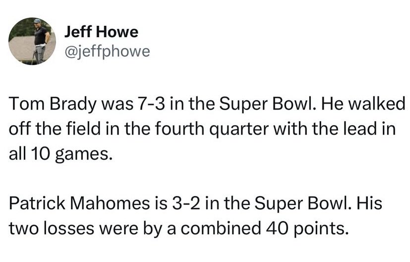 Good morning <a href="/PatrickMahomes/">Patrick Mahomes II</a> 

O-Line sucked - but great teams/players find a way. 3-2 in the super bowl losing by a combined 40 points.

10 TDs and 7 INTs on the biggest stage.

Until Mahomes has played for 20 years, don't mention Brady vs Mahomes. 

He's not him.