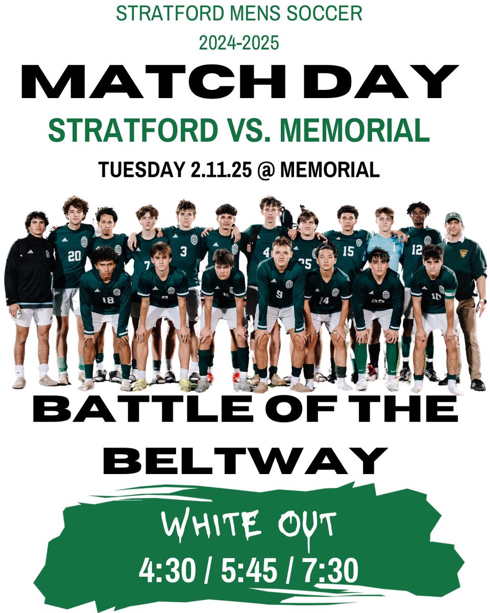 Battle of the Beltway tomorrow as we head to Memorial. White Out Theme!  See you there. 4:30/5:45/7:30🫵🏼⚽️ <a href="/SHS_BoosterClub/">Stratford Booster</a> <a href="/77079Athletics/">Stratford High School Athletics</a> <a href="/SBISD/">Spring Branch ISD</a>