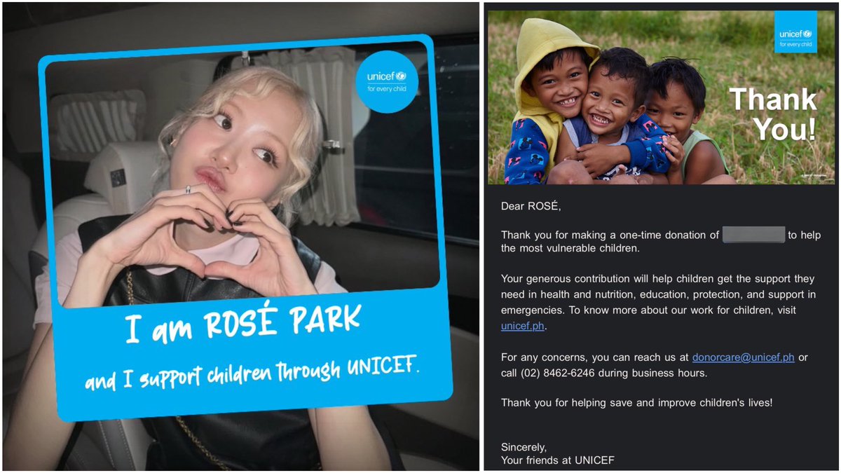 🤍 2025 ROSÉ BIRTHDAY PROJECT

In honor of ROSÉ’s birthday, roséHQ admins made a donation to United Nations Children's Fund (UNICEF) on behalf of our number one ROSÉ.

The donation will help the most vulnerable children get better access to their basic rights such as
