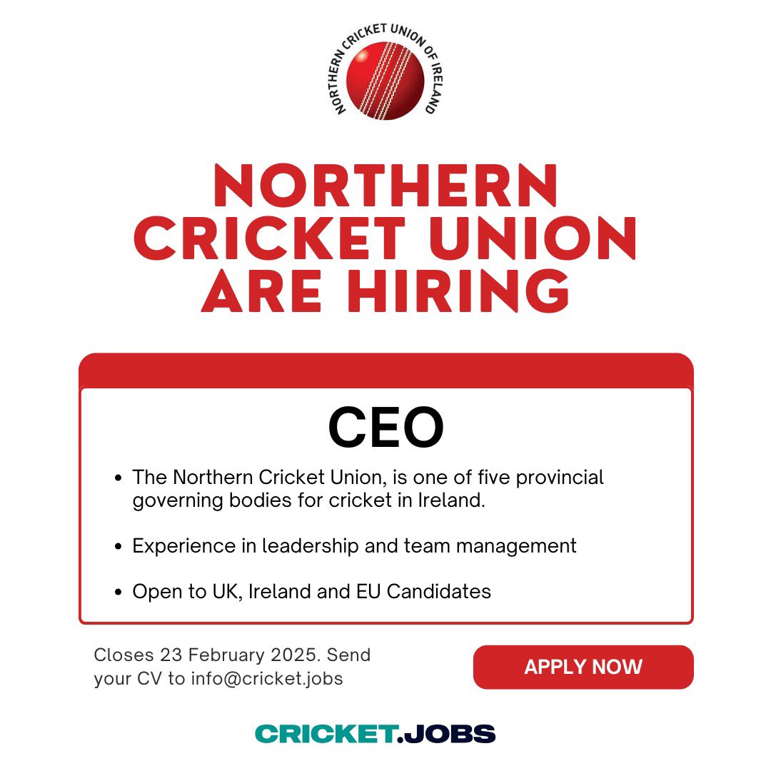 Cricket Jobs (@cricketjobs) on Twitter photo <a href="/cricketjobs/">Cricket Jobs</a> are proud to be running the recruitment campaign for the Northern Cricket Union in seek of a CEO π
The new CEO will be responsible for the effective and efficient leadership and management of the union π <a href="/cricketjobs/">Cricket Jobs</a> are proud to be running the recruitment campaign for the Northern Cricket Union in seek of a CEO π
The new CEO will be responsible for the effective and efficient leadership and management of the union π
