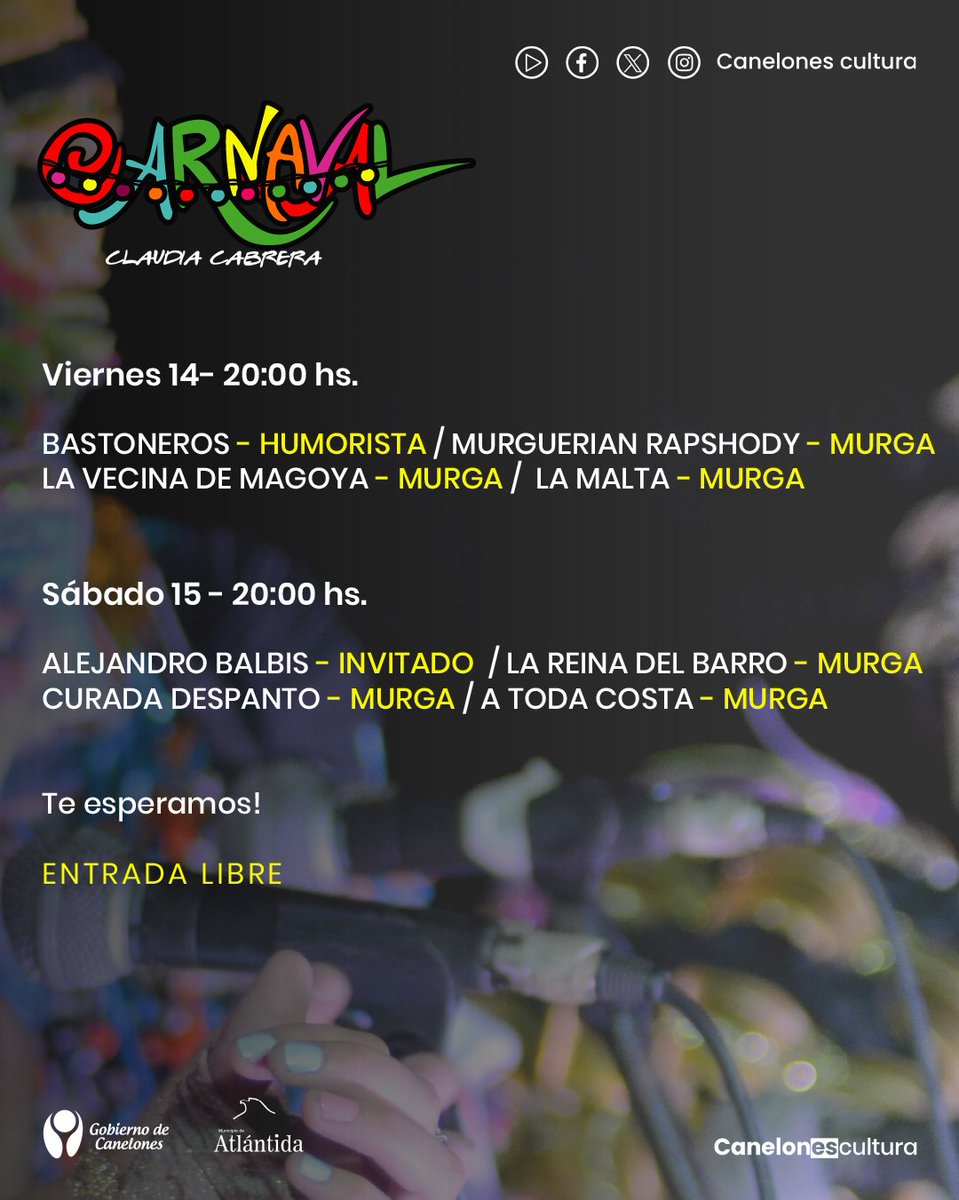 🎭 CONCURSO DE MURGAS Y HUMORISTAS 🎭

Te invitamos a disfrutar de la PRIMERA RONDA del Concurso en #atlántida
Murgas, Humoristas y invitados especiales.

En Canelones tenemos #AltoCarnaval
Te esperamos!
#caneloEScultura #Carnaval2025