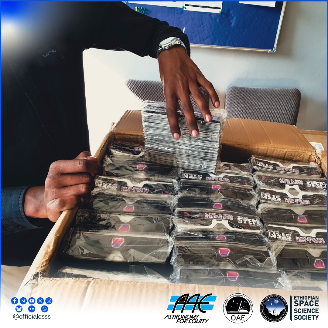 Ethiopian Space Science Society (@officialesss) on Twitter photo ESSS has received the first batch of 27,500 solar glasses (out of 150,000) from <a href="/Astro4Equity/">Astronomy for Equity</a> , funded by the <a href="/astro4edu/">IAU Office of Astronomy for Education</a> !
🎉 These solar glasses will be distributed across Ethiopia to ESSS branches and school clubs, supporting outreach, education, and safe solar observation. ESSS has received the first batch of 27,500 solar glasses (out of 150,000) from <a href="/Astro4Equity/">Astronomy for Equity</a> , funded by the <a href="/astro4edu/">IAU Office of Astronomy for Education</a> !
🎉 These solar glasses will be distributed across Ethiopia to ESSS branches and school clubs, supporting outreach, education, and safe solar observation.