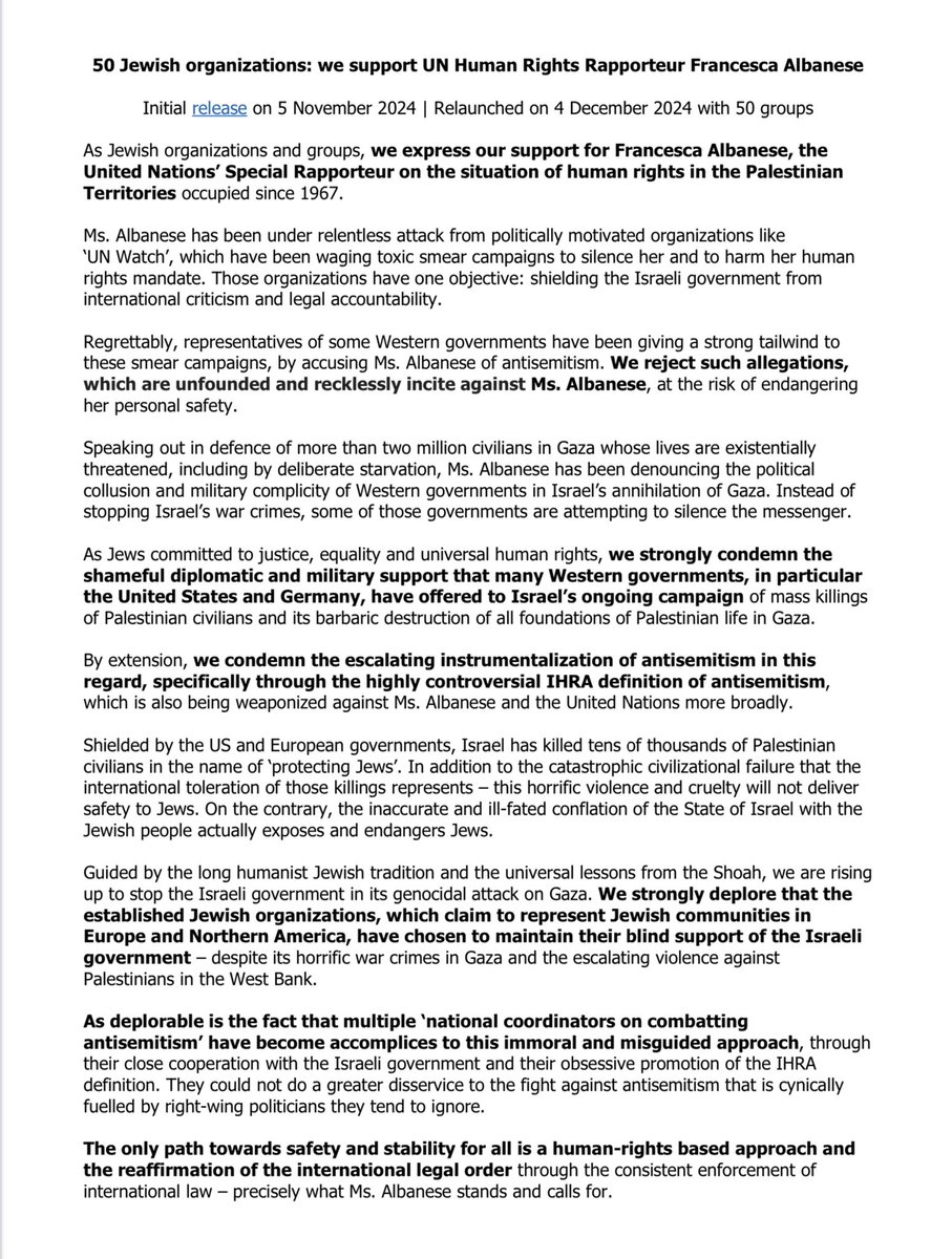 HenkMuller5's tweet photo. 50 Joodse organisaties: Wij steunen VN Mensenrechten rapporteur Francesca Albanese. https://t.co/jAfO16qxfD