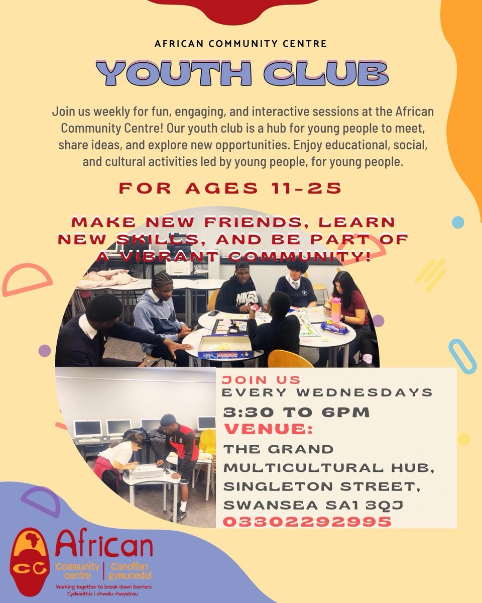 AFTER-SCHOOL YOUTH CLUB – JOIN US WEEKLY! 

We’re excited to launch our After-School Youth Club at the African Community Centre. A space for young people to meet, share ideas, learn, and have fun!

For more details, contact us at 03302292995.