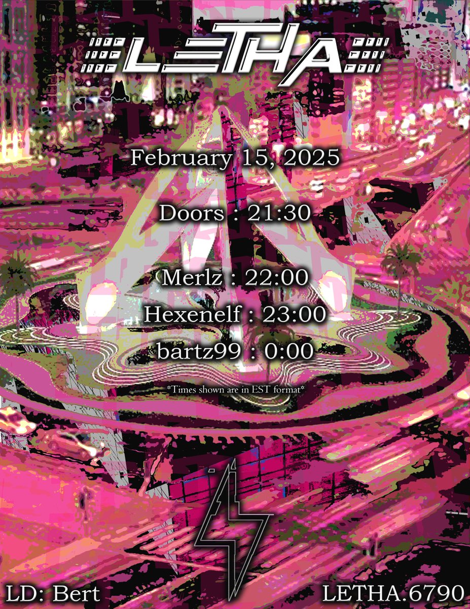 / - / - / LETHA VOL. 19 \ - \ - \

02/15/25

21:30 Doors

22:00 <a href="/xkmerlz/">Merlz</a> 
23:00 <a href="/hexenelf/">hexenelf</a> 
00:00 <a href="/bart_z99/">bartz99</a> 

LD: <a href="/bert60hz/">Bert</a> 

*Times shown are EST*

Group+
LETHA.6790