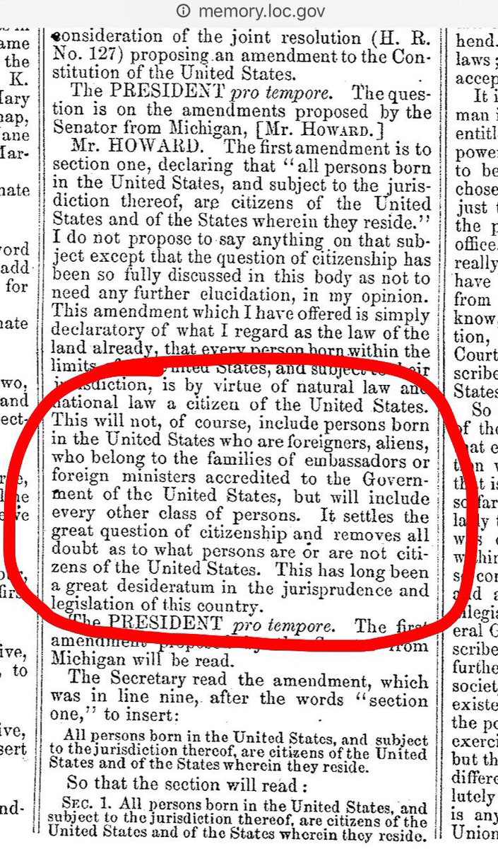 NorthshoreRob59 🇺🇸 (@northshorerob59) on Twitter photo <a href="/ShirleyinStarC/">Shirley Johnson</a> <a href="/lsferguson/">Steve Ferguson</a> This is exactly what needs to happen. SCOTUS needs to rule. And I think the author of the 14th Amendment made it pretty clear that birthright citizenship DID NOT apply to foreigners and aliens. The Congressional Record of the time documents it clearly. <a href="/ShirleyinStarC/">Shirley Johnson</a> <a href="/lsferguson/">Steve Ferguson</a> This is exactly what needs to happen. SCOTUS needs to rule. And I think the author of the 14th Amendment made it pretty clear that birthright citizenship DID NOT apply to foreigners and aliens. The Congressional Record of the time documents it clearly.