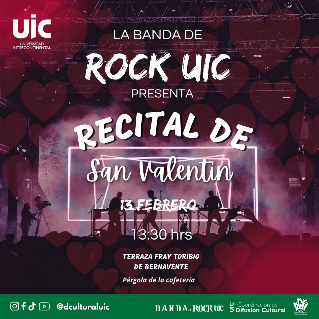 Asiste al recital de San Valentín de la
BANDA DE ROCK UIC
Jueves 13 de febrero, 13:30h
Terraza Fray Toribio de Benavente (Pérgola de la cafetería). En el marco del Bazar de San Valentín UIC
🥰💘
#SanValentin #CulturaUIC #DGFI #RockUIC