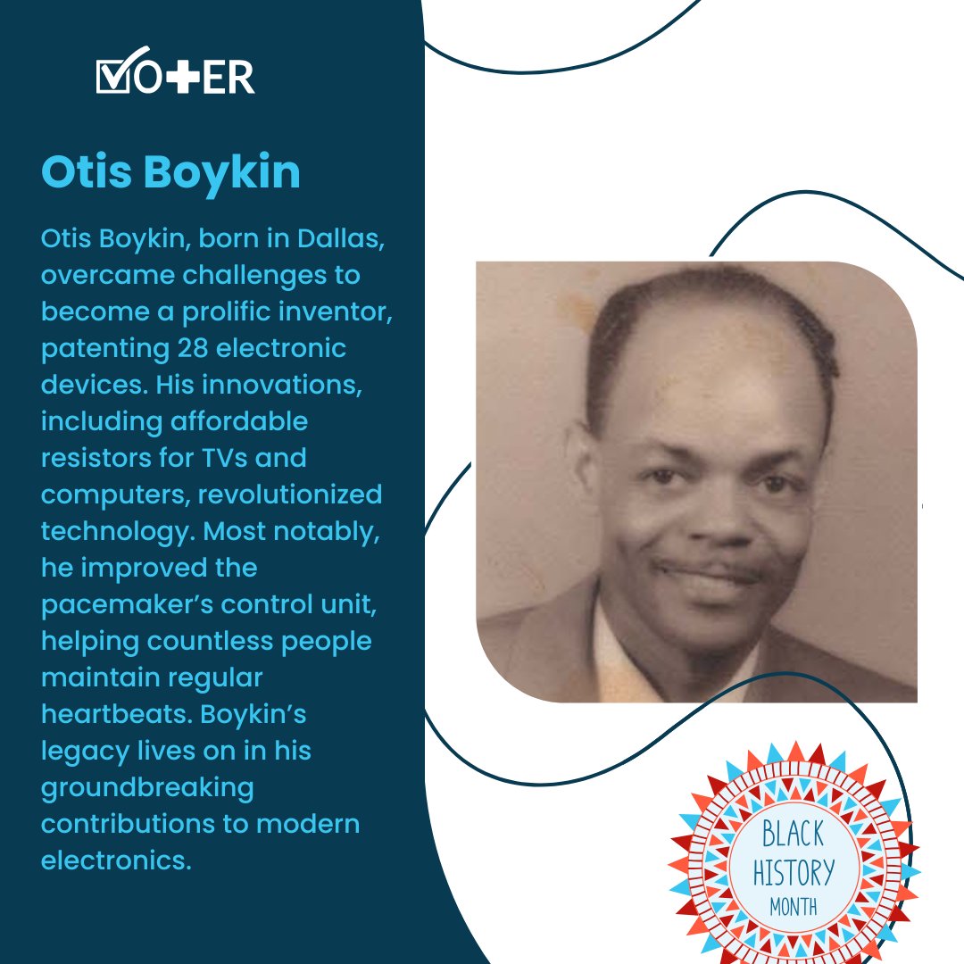 Vot_ER_org's tweet image. Celebrating Black History Month by reflecting on Otis Boykin’s accomplishments! Boykin's inventions revolutionized technology, from affordable resistors to his precise pacemaker improvements that saved lives. ⚙️💡

#Inventors #BlackHistoryMonth #VotER