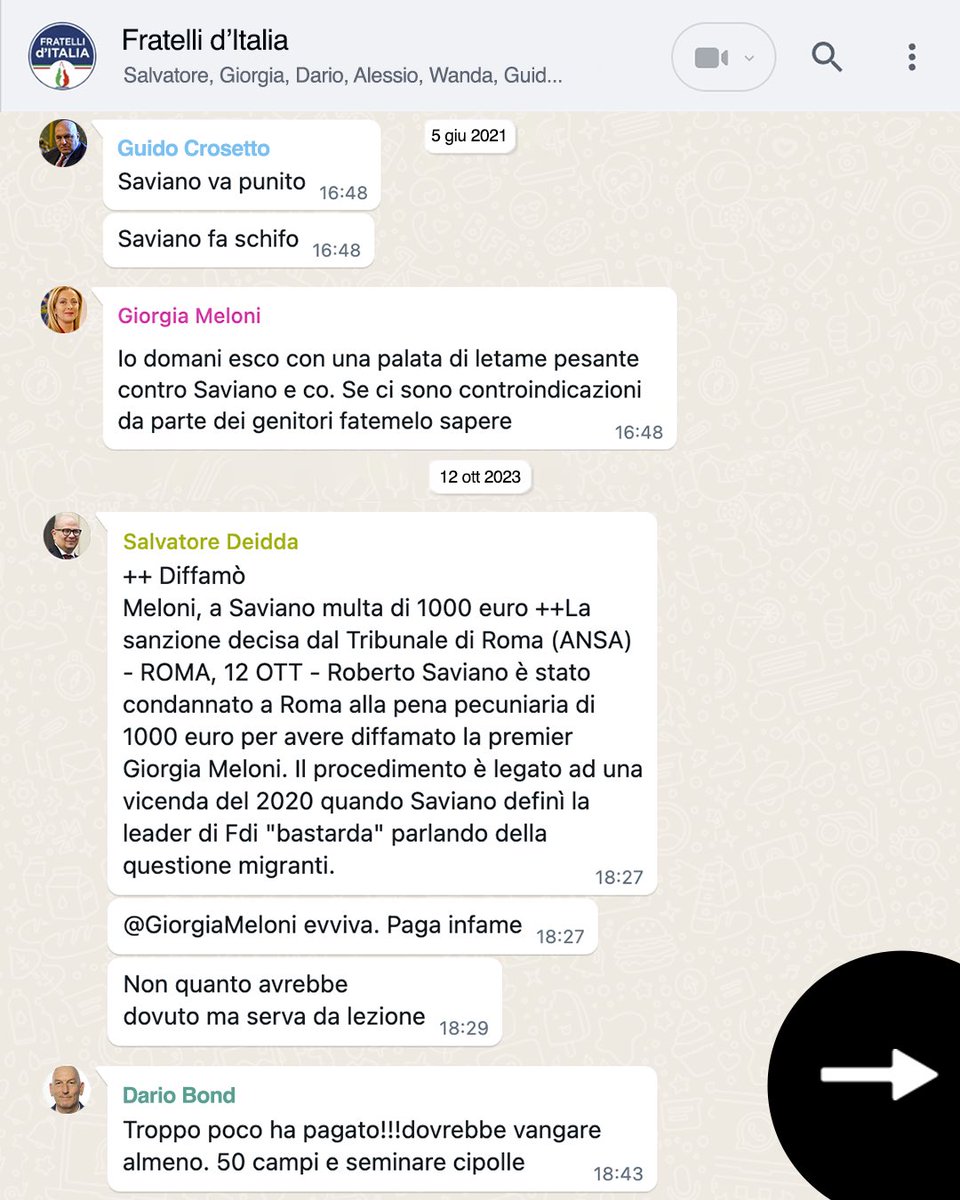 robertosaviano's tweet image. 🔴 LE CHAT SEGRETE DI FRATELLI D'ITALIA 

"Saviano va punito." "Saviano fa schifo." (Guido Crosetto).

"Io domani esco con una palata di letame contro Saviano." (Giorgia Meloni).

E poi il solito Delmastro, quello della rivelazione di segreti d’ufficio e del Capodanno con le…