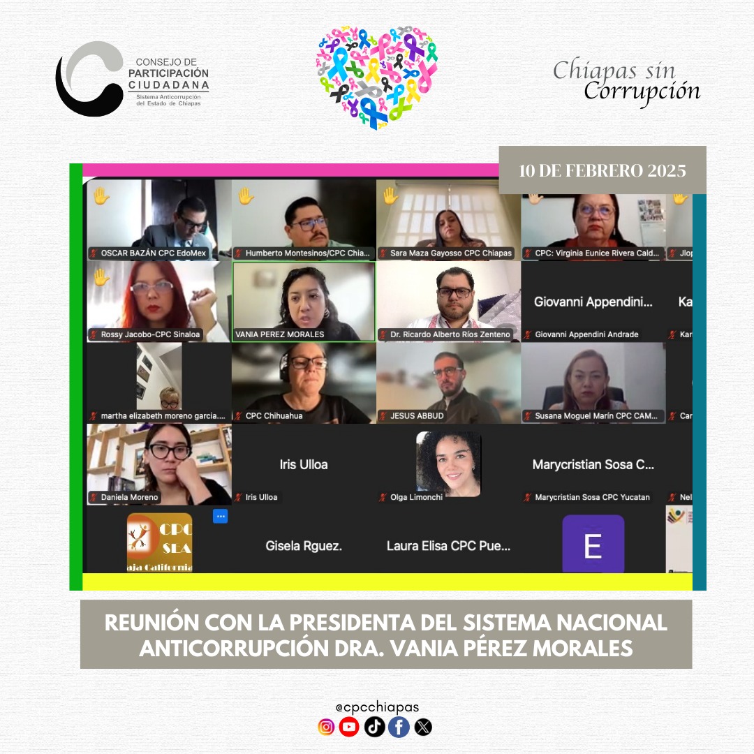 En el marco de la nueva presidencia del <a href="/ComiteCPC/">CPC</a>, se llevó a cabo reunión de trabajo entre los distintos Comités y Consejos de Participación Ciudadana del Sistema Nacional Anticorrupción, encabezada por la Dra. <a href="/vaniadelbien/">Vania Pérez Morales</a>

#SomosAnticorrupción
#HumanismoQueTransforma