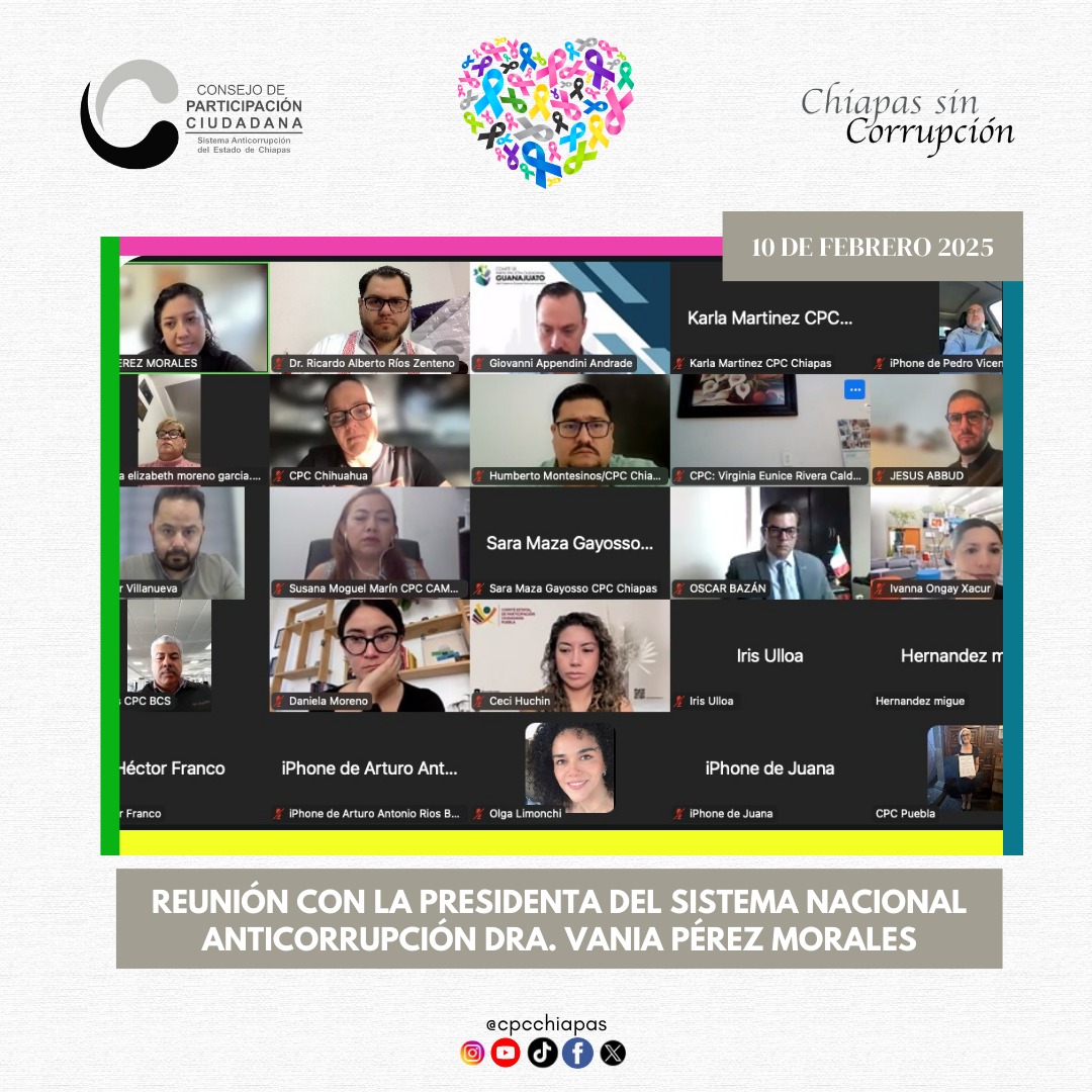 CpcChiapas's tweet photo. En el marco de la nueva presidencia del @ComiteCPC, se llevó a cabo reunión de trabajo entre los distintos Comités y Consejos de Participación Ciudadana del Sistema Nacional Anticorrupción, encabezada por la Dra. @vaniadelbien

#SomosAnticorrupción
#HumanismoQueTransforma https://t.co/fO4QqW0TO6
