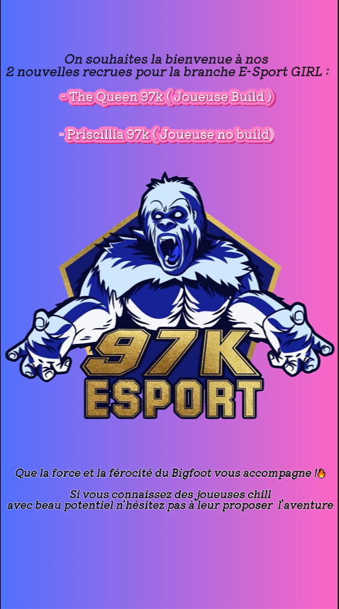 L'année commence de plus belle avec la Création de notre pôle  97k Esport Girl ! 
ps : Les inscriptions de  joueurs no build et build sont toujours d’actualités ! 
discord : discord.gg/sPyVE4Vd