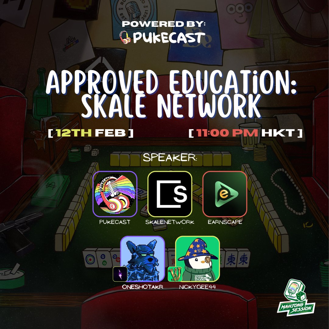 Pukecast (@pukecast) on Twitter photo Approved Education: <a href="/SkaleNetwork/">SKALE</a>
🗓️12th Feb
⏲️11:00pm HKT / 10:00am EST
🎙️ <a href="/earnscape/">Earnscape</a> <a href="/oneshotakr/">ONΞSHOT</a> <a href="/NickyGee44/">NickyG</a> <a href="/WITS_TCG/">What Is This Sorcery</a> <a href="/starwolvez/">Star Wolvez</a> Approved Education: <a href="/SkaleNetwork/">SKALE</a>
🗓️12th Feb
⏲️11:00pm HKT / 10:00am EST
🎙️ <a href="/earnscape/">Earnscape</a> <a href="/oneshotakr/">ONΞSHOT</a> <a href="/NickyGee44/">NickyG</a> <a href="/WITS_TCG/">What Is This Sorcery</a> <a href="/starwolvez/">Star Wolvez</a>